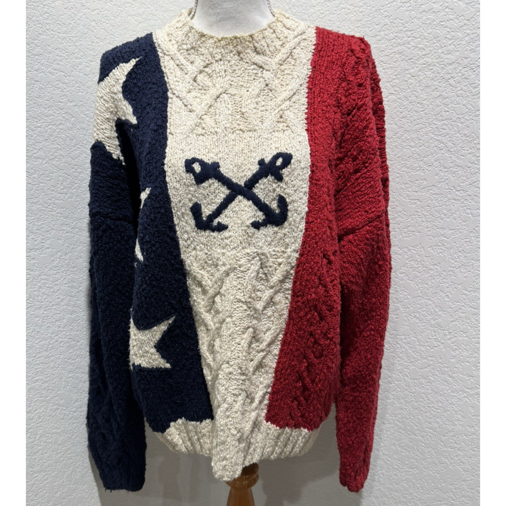 Vintage 90s Tommy Hilfiger Patriotic Cable Knit Sweater Sz L Hand Knitted Chunky